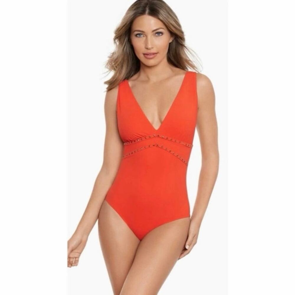 NWOT Amoressa by Miraclesuit Lupita One Piece Swimsuit Coral Red Studded 10